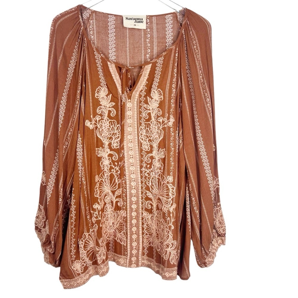 SAVANNA JANE Brown Bohemian Embroidered Peasant Blouse Lightweight Plus size 2X